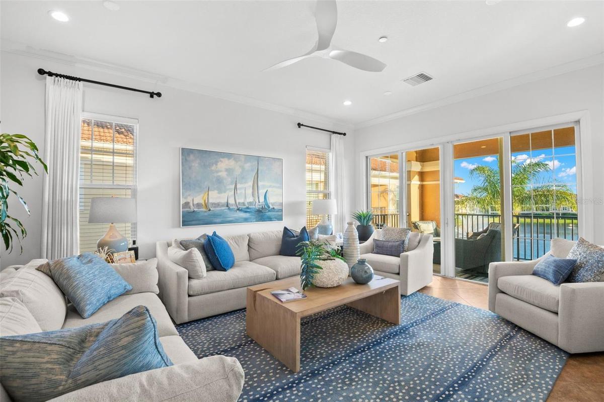 Lovely water and fountain views from this spacious and bright Living Room.