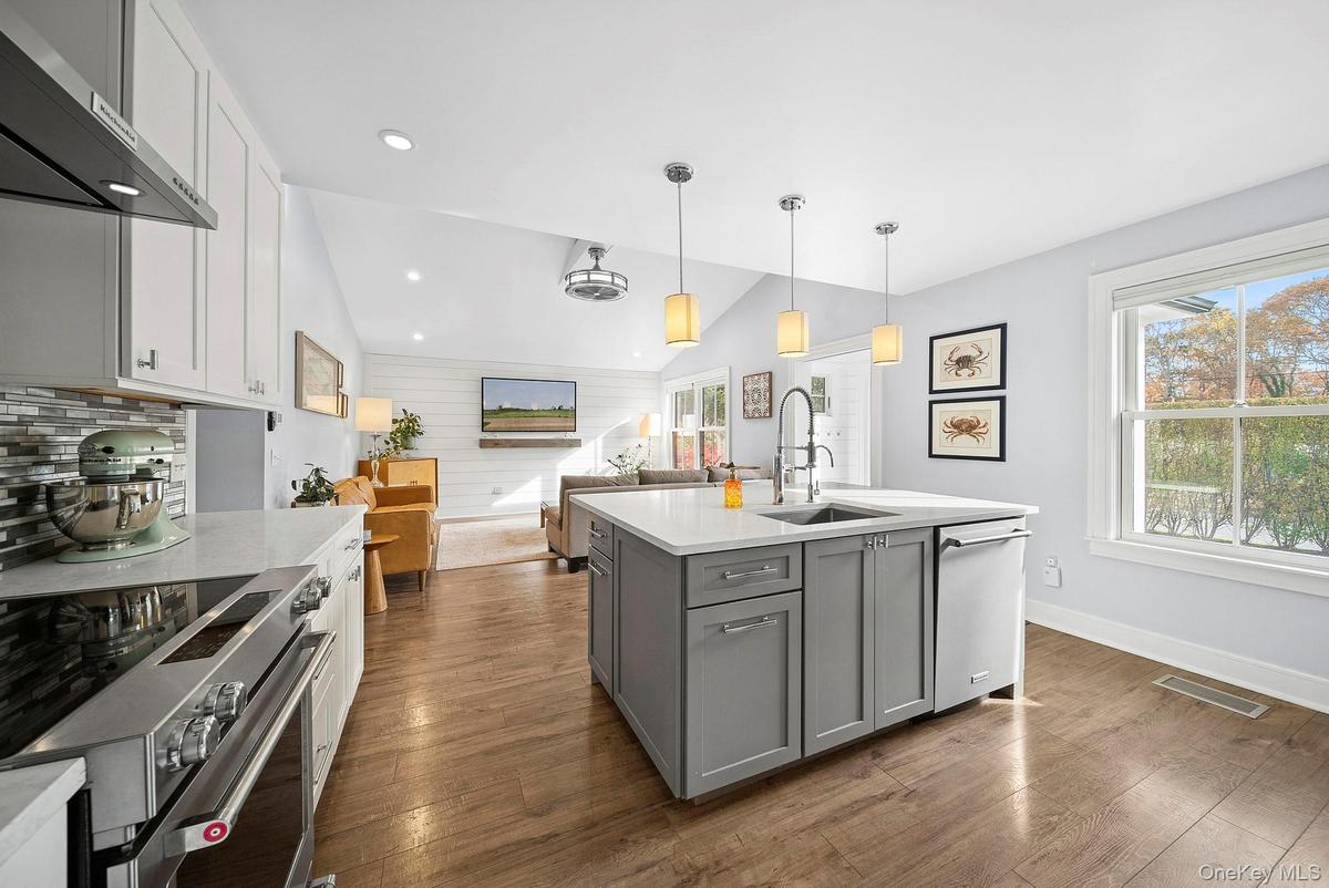 Kitchen with vaulted ceiling, gray cabinets, appliances with stainless steel finishes, open floor plan, and white cabinetry