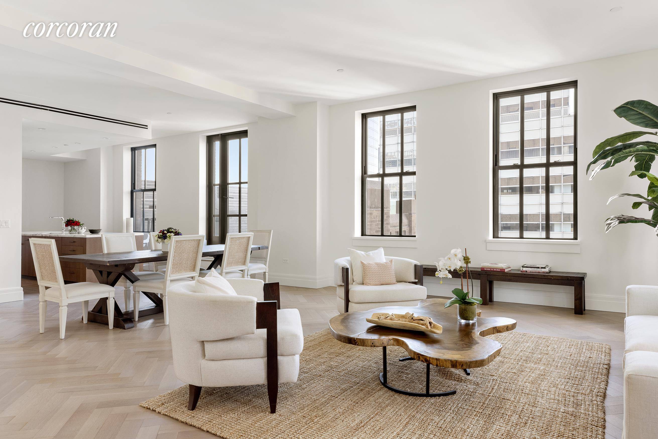 Residence 21C is a gracious 3 bedroom convertible 4 bedroom 4 bath loft spanning 2, 712 SF with an additional 617 SF private terrace perched above Tribeca.