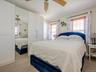 Master Bedroom featuring light beige carpeting, two windows with wood blinds, and a ceiling fan with wood-finish blades
