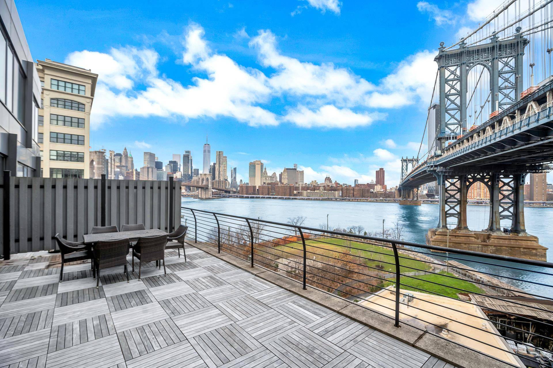 E N O R M O U S PRIVATE OUTDOOR SPACE WITH NECK SNAPPING VIEWS OF MANHATTEN OVER THE EAST RIVER AND including both Brooklyn and Manhattan Bridges.