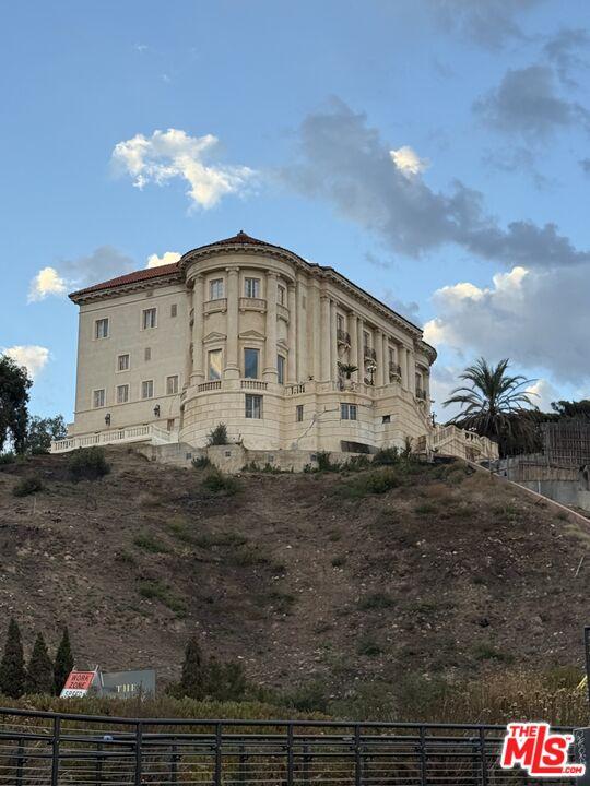 View of Getty Villa from beach