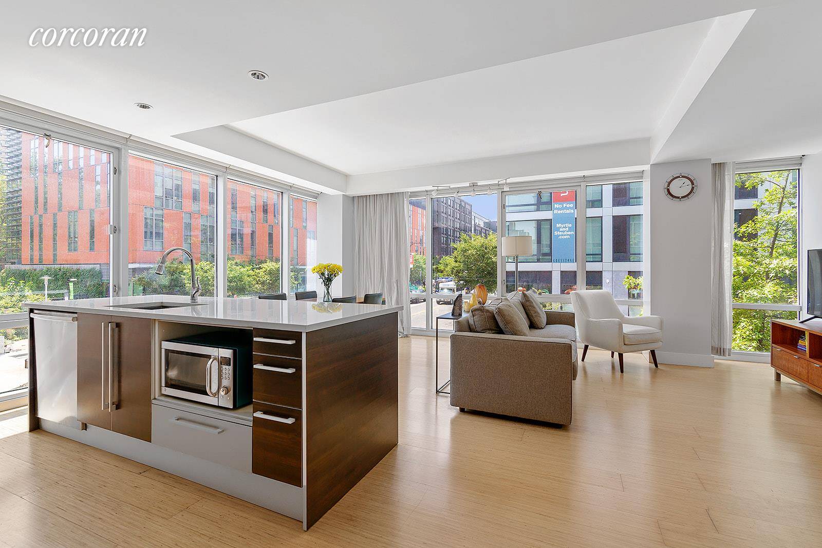 Located in bustling Clinton Hill, this stylish corner apartment has two bedrooms and two full bathrooms.