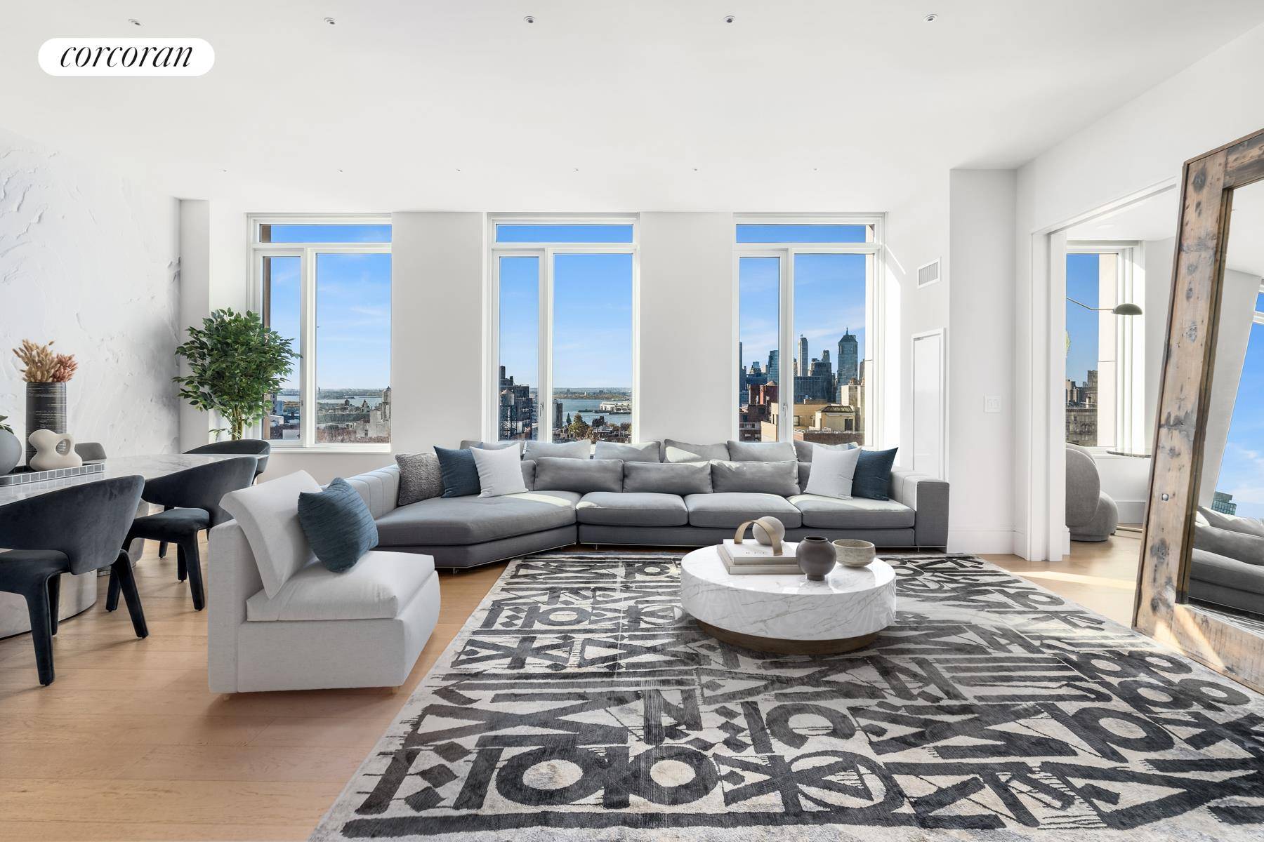 Rare opportunity to own a sprawling 2, 176sf corner three bedroom, two bath residence in the sold out D line at Brooklyn Heights' best selling building, One Clinton.