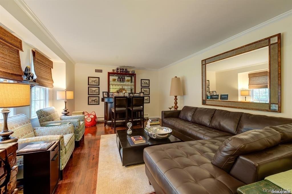 Living room featuring dark wood-style floors, ornamental molding, and a baseboard heating unit