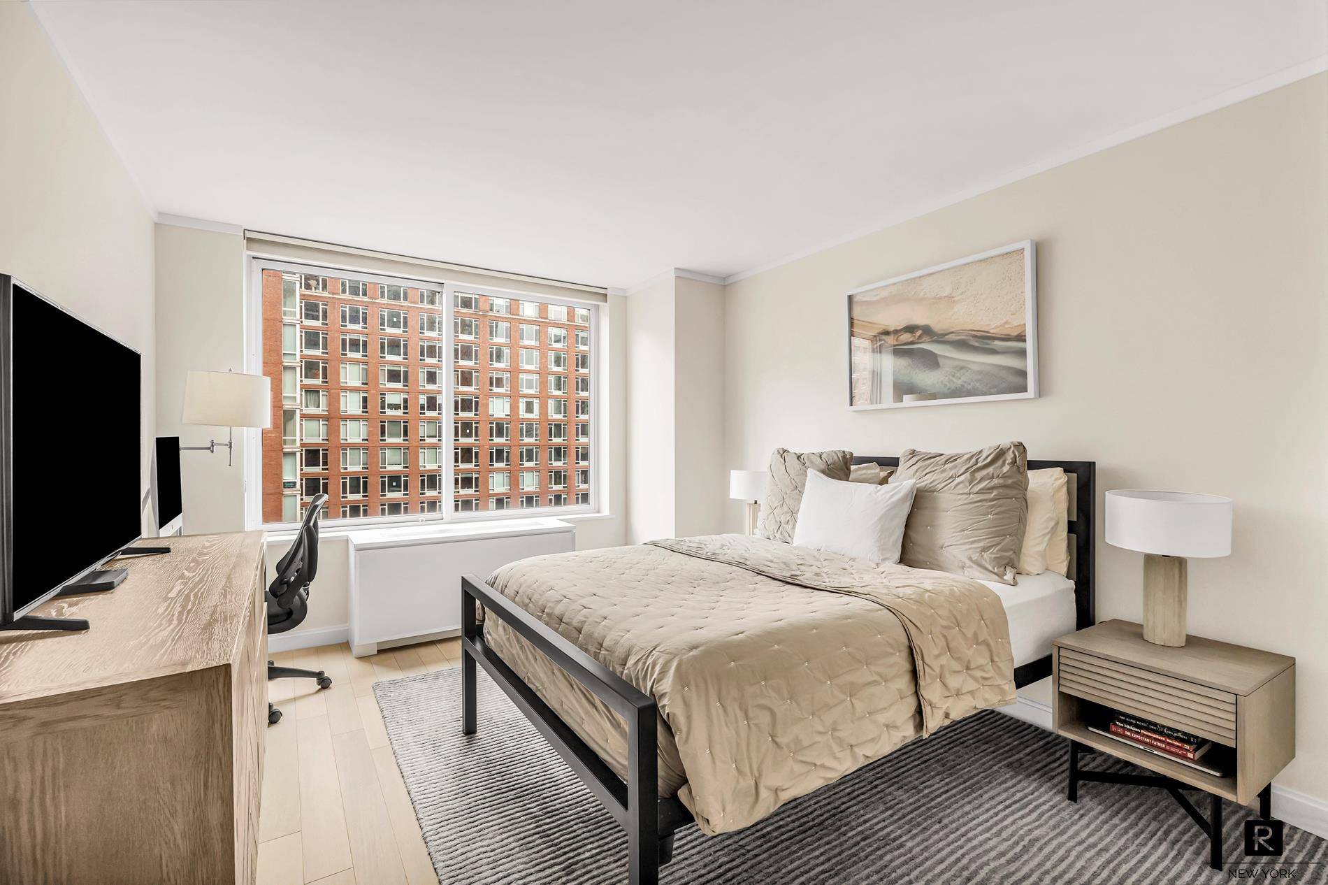 Welcome home to this quintessential split 2 bedroom 2 bathroom apartment located in 212 Warren St, one of only two true luxury condominium in North Battery Park West Tribeca.