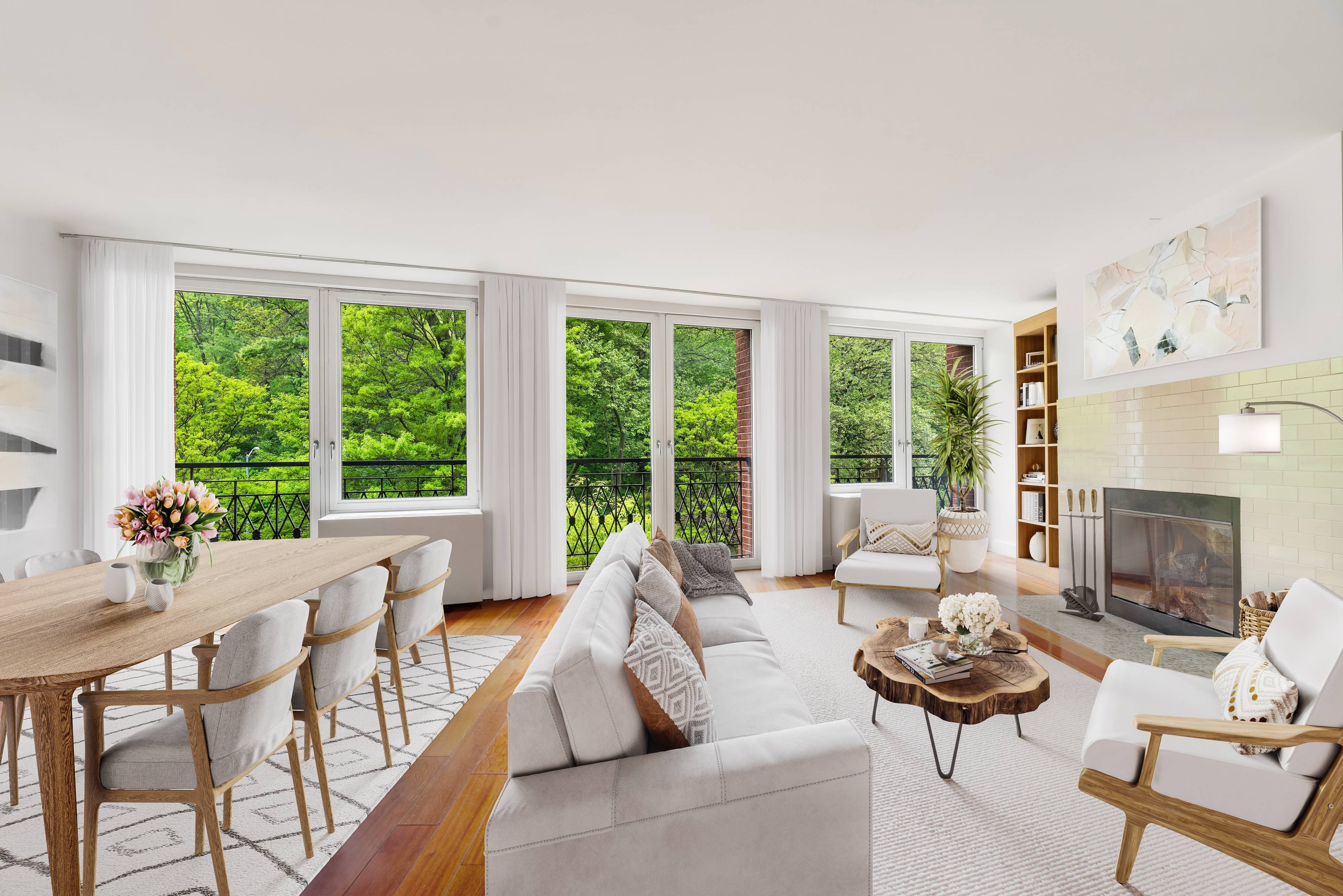 This is a large floor through apartment in a boutique condo building with a 28 foot wall of floor to ceiling windows overlooking Morningside Park.