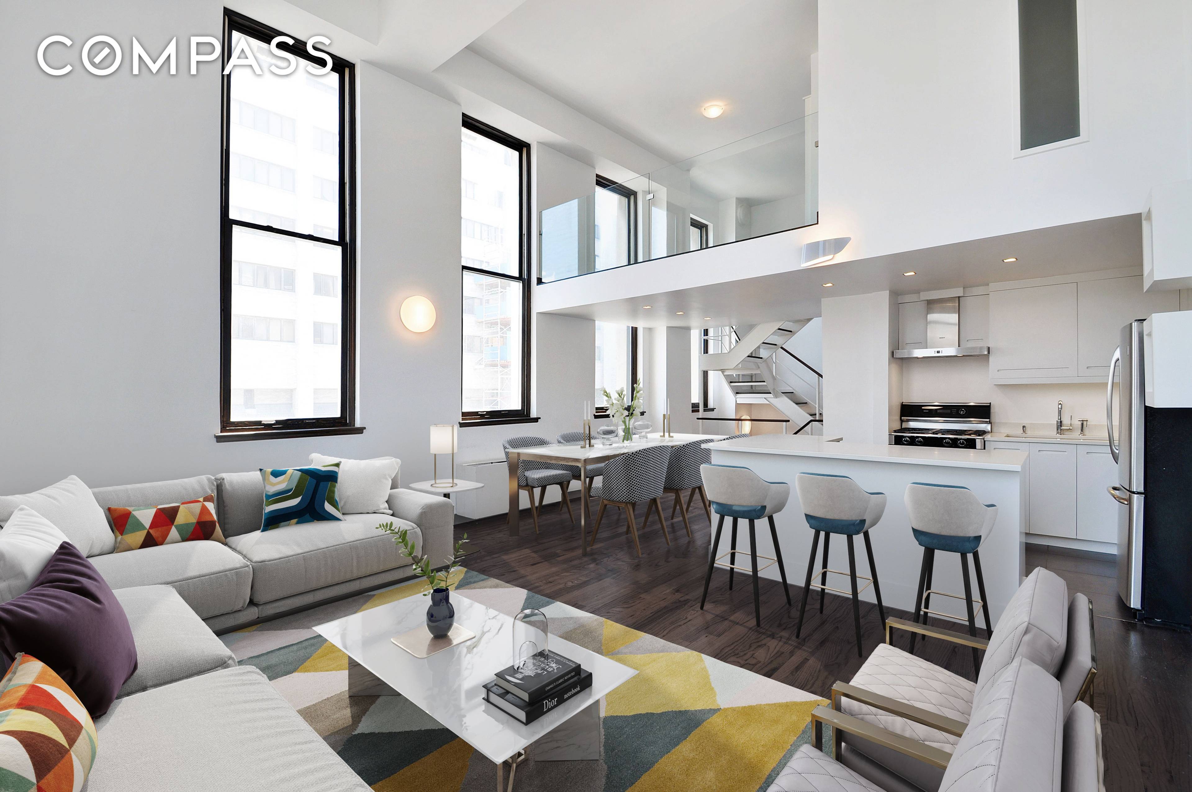 Available immediately. Dramatic Gramercy triplex corner loft with spectacular natural light and designer finish.