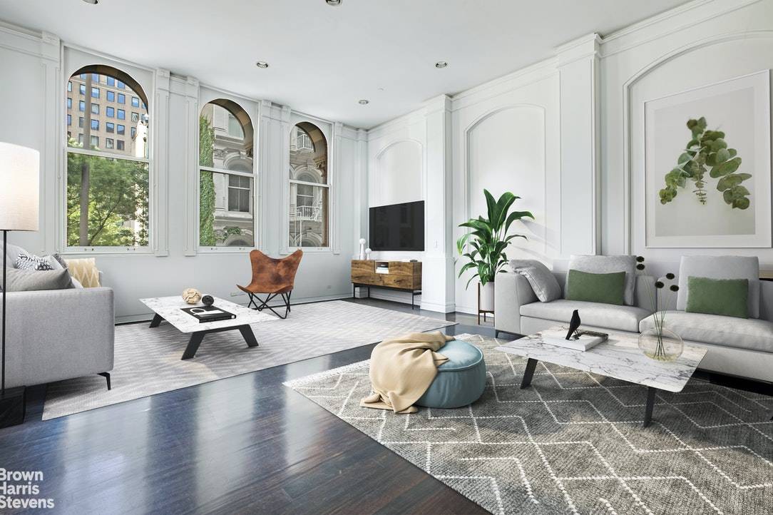 With double height ceilings, arched windows, exposed brick, original detail and lots of sunlight, this 2, 170 square foot loft shines with spaciousness, style, ease and comfort.