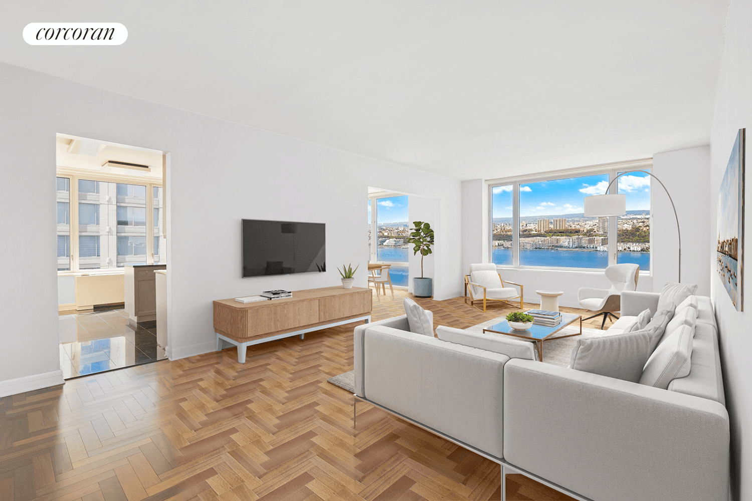 Magnificent Hudson River and City panoramas from the ideal elevation a brilliant 42nd floor, 3 bedroom, 3 bath condominium home on the high SW corner of 220 RSB, renowned for ...