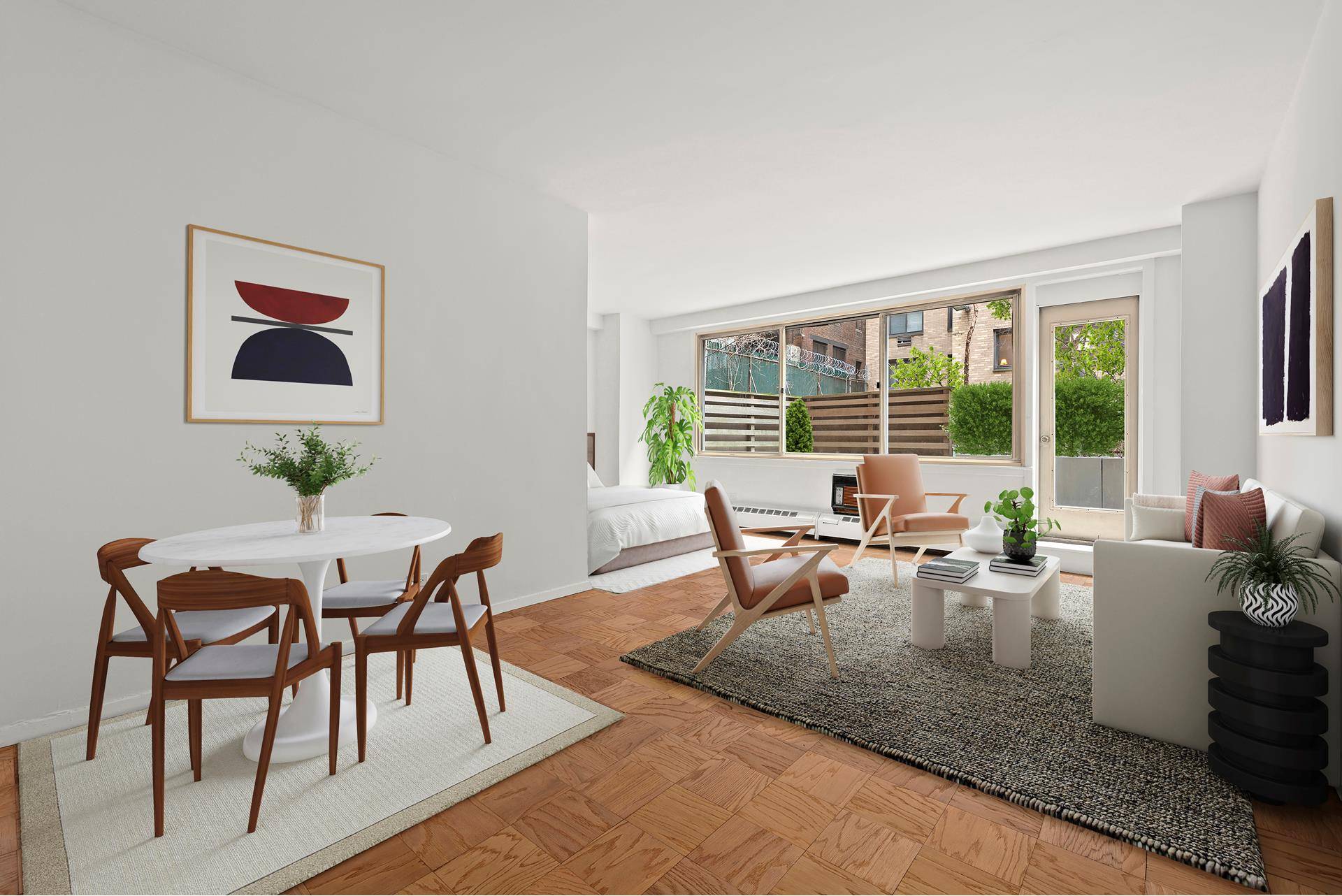 This very special Jr. 1 Bedroom L Studio features an enormous private patio with a tranquil southern exposure into the building's landscaped garden.
