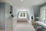 Bedroom featuring light carpet, lofted ceiling, an office area, and recessed lighting