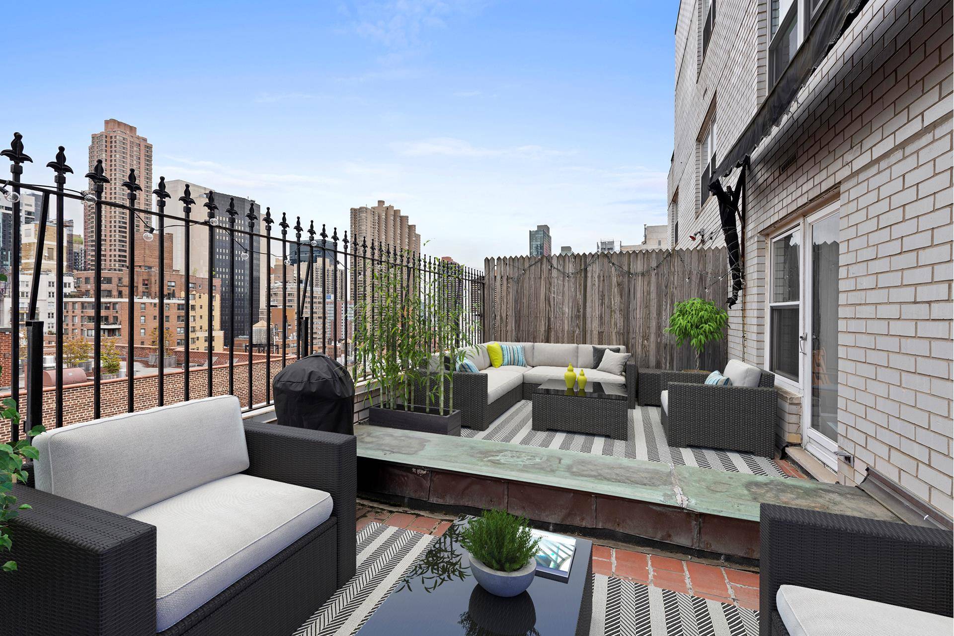This rare high floor property with an amazing, oversized setback terrace offers drop dead views of Midtown landmarked Sky Scrapers and beyond.