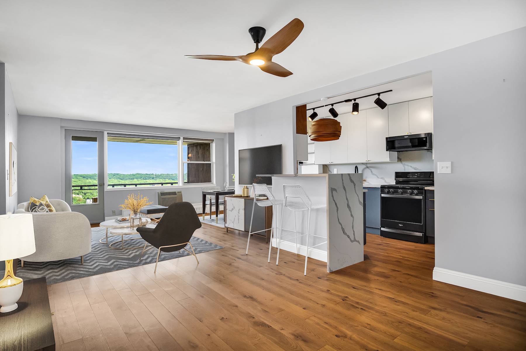 Skyview on the Hudson Spacious and sunny east facing two bedroom one bath with large balcony, expansive living room with a dining alcove, pass through kitchen and a windowed bathroom.