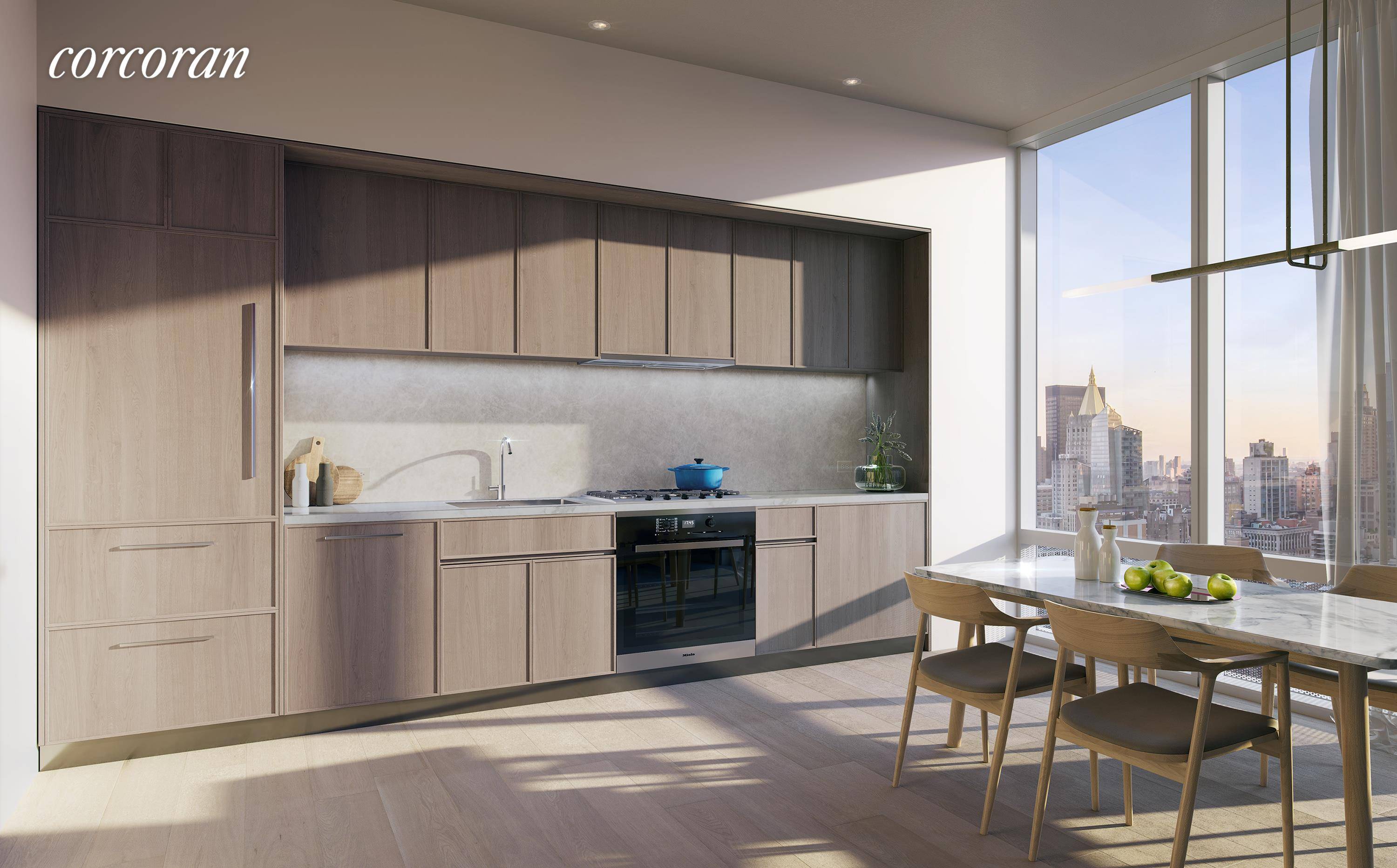 Wraparound, floor to ceiling, sound attenuated windows feature views of the East River and City skyline from the North East exposure of this 723 square foot 67.
