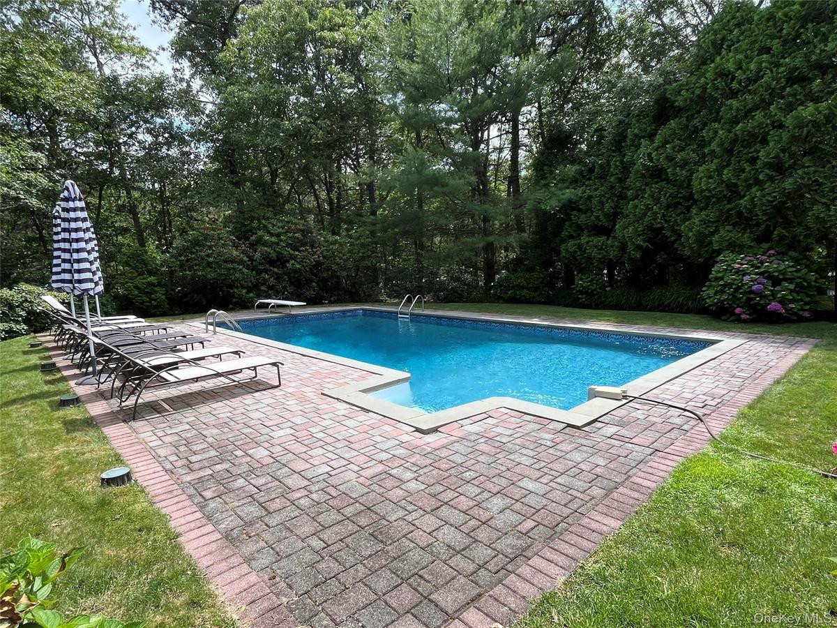 Swimming pool with a patio area, a diving board, and a lawn
