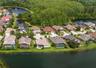 Aerial view of the home’s private lot and water frontage.