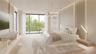 A serene upper-level primary suite with floor-to-ceiling glass doors opening to a private terrace and a sleek linear fireplace adding warmth and ambia
