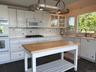 Kitchen featuring white cabinetry, a central island with a wood-finish countertop, integrated stainless steel appliances, a white tile backsplash, and