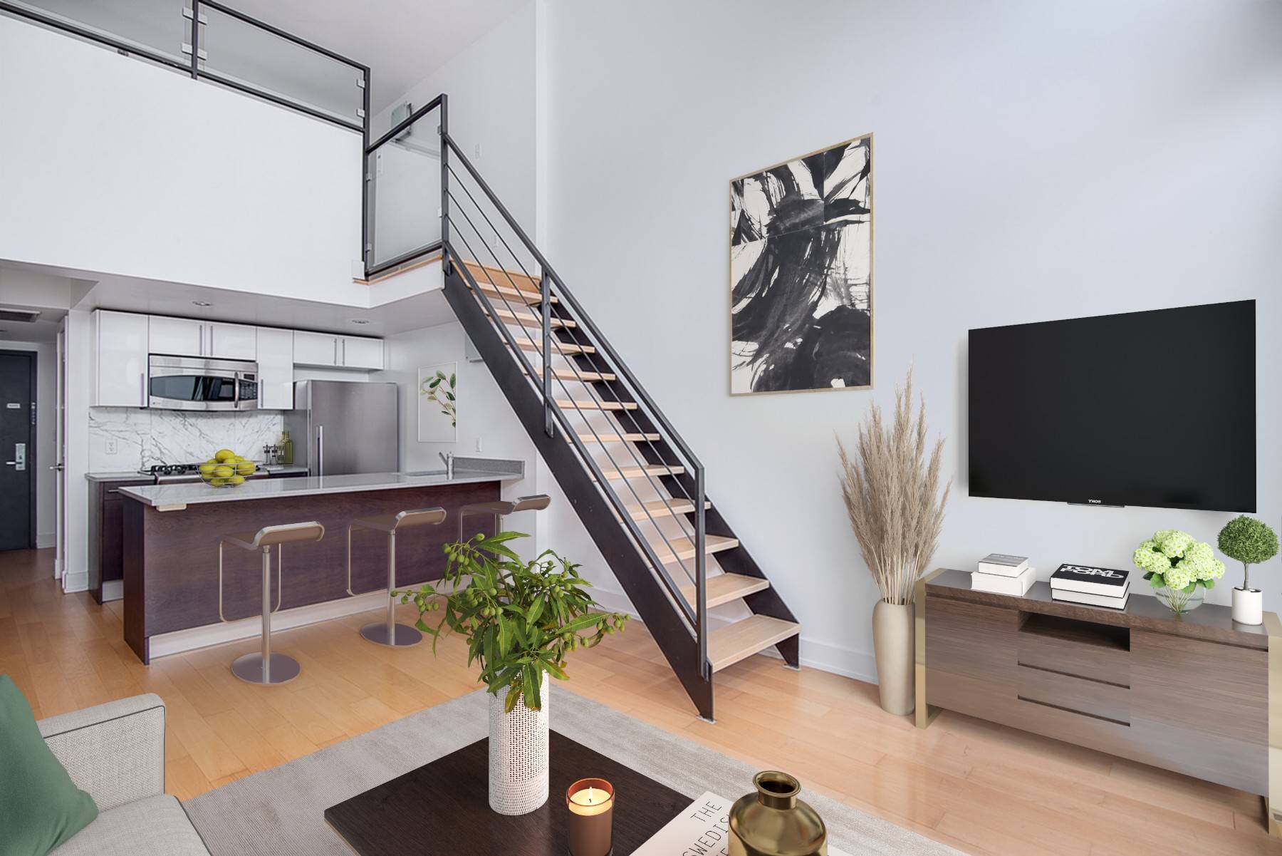 Welcome Home ! This beautiful, modern one bedroom loft has 17 foot ceilings, gorgeous hardwood floors, a chef's kitchen, stainless steel appliances and a dishwasher.