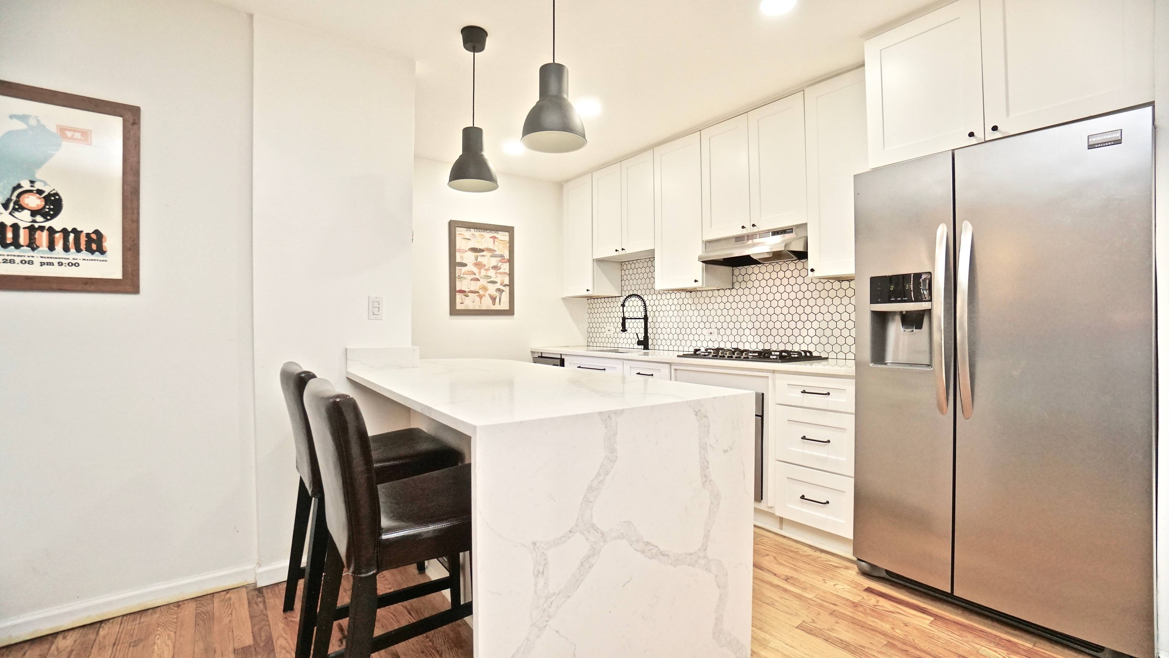 Luxury Renovated 2BR The meticulously designed luxury kitchen with sweeping waterfall countertops are the focal point of this home.