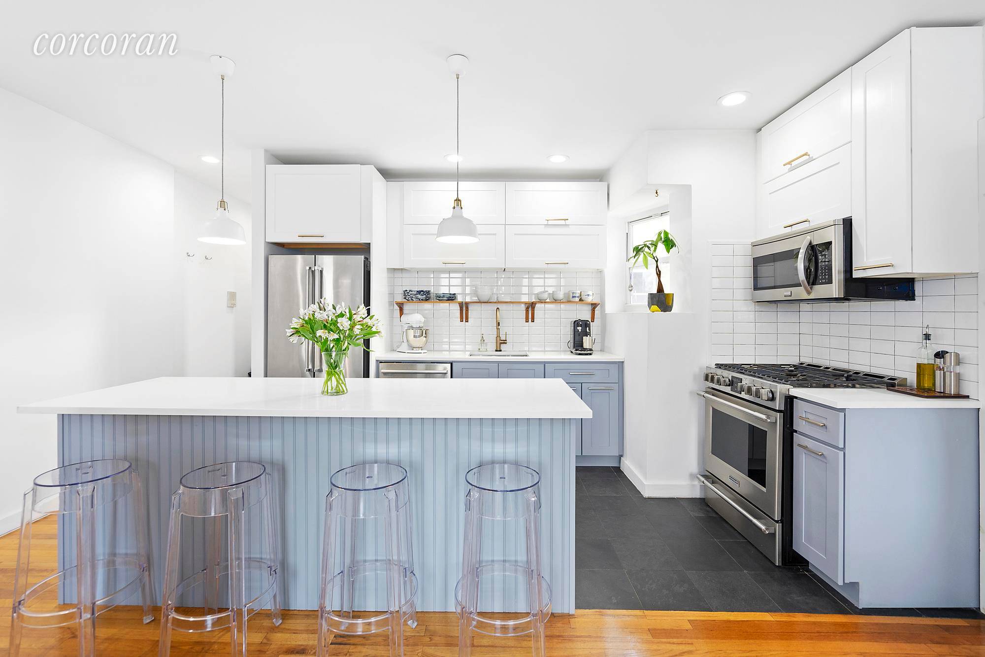 A pearl in the oyster ! Light strewn from fourth floor windows and sporting a very handsome renovation is this center Slope two bedroom, two bath co op.