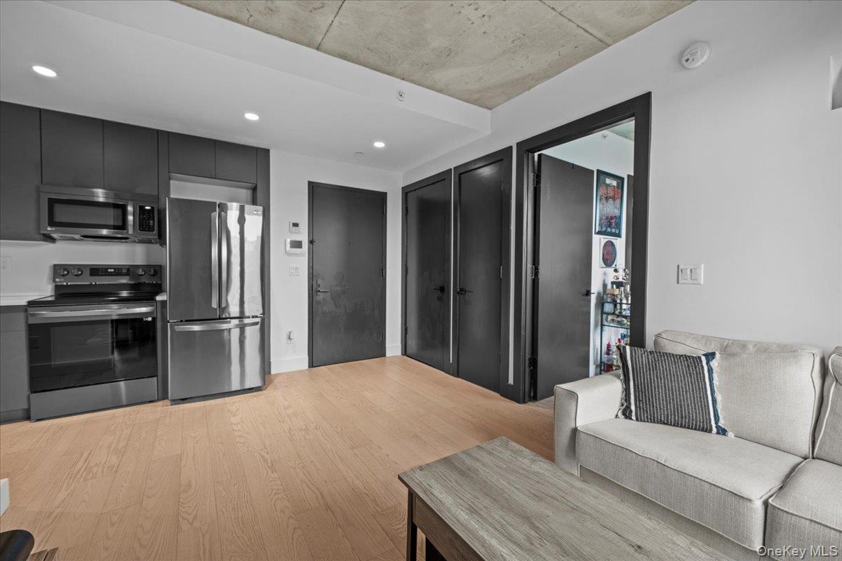 Kitchen featuring stainless steel appliances, light wood-style floors, light countertops, dark cabinets, and recessed lighting