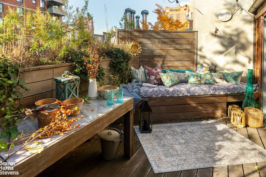 Winning the trifecta of a NYC dream apartment ; location prime West Village ; outdoor space dreamy planted terrace with sunshine and privacy ; ambiance warm the fall winter chill ...