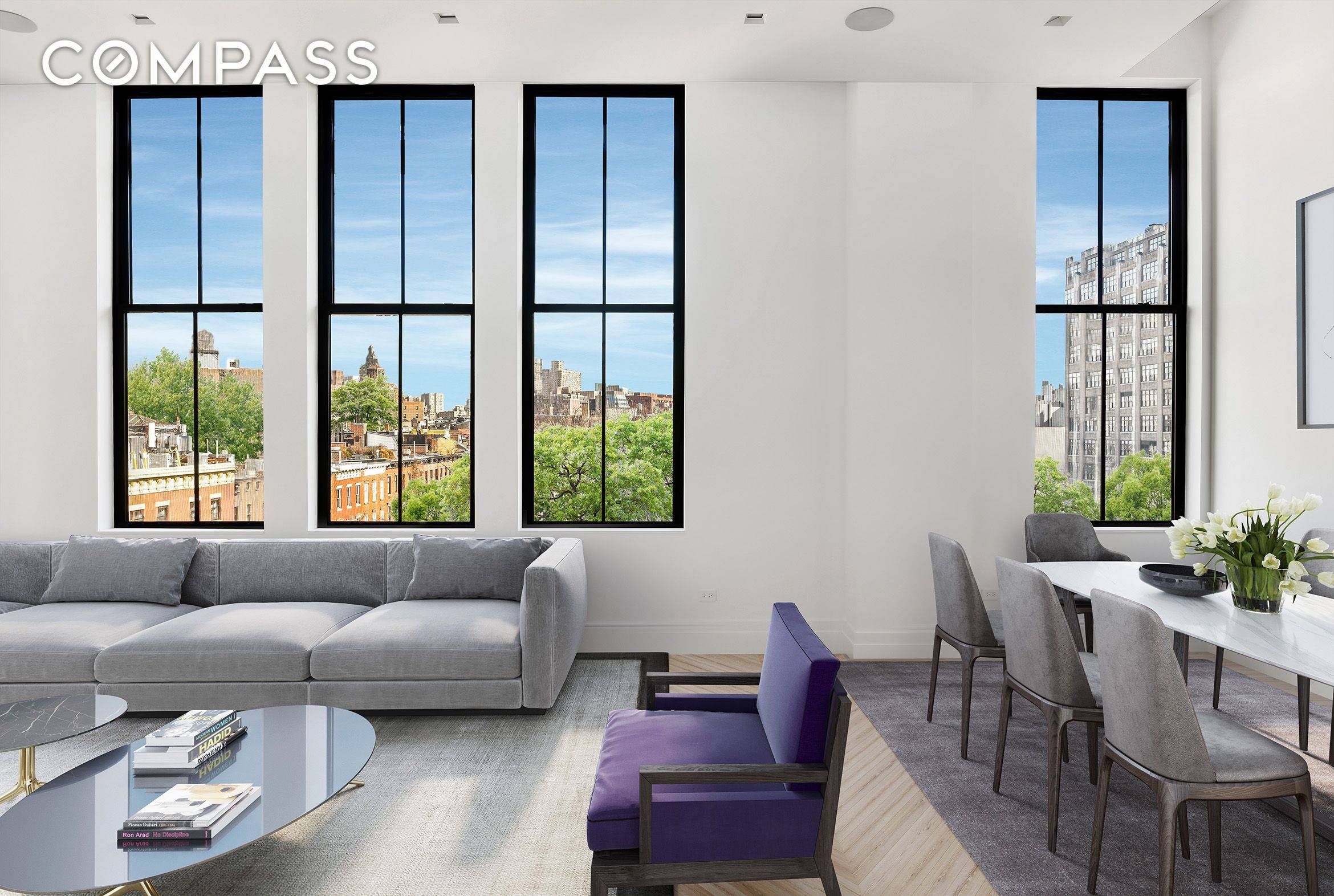 A corner three bedroom, three and a half bathroom duplex residence with expansive views over the West Village and beyond.