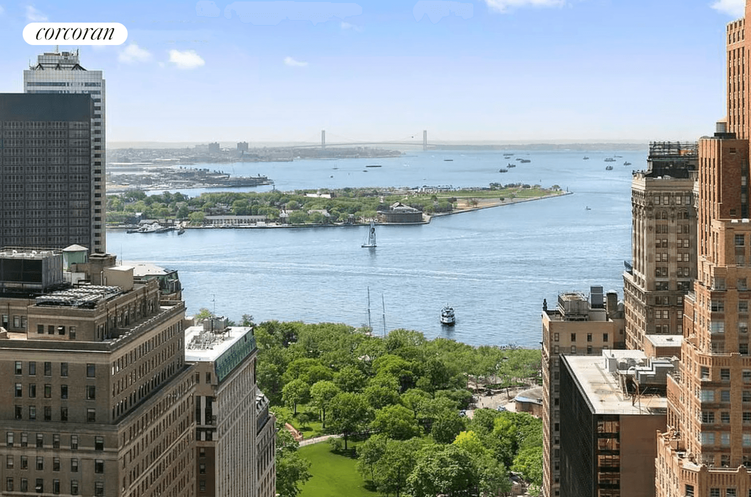 This sun drenched south facing Penthouse shines bright with open views of Battery Park, Governor's Island, the iconic Verrazano Bridge, the Hudson River, Statue of Liberty and New York's bustling ...