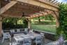 View of patio / terrace with an outdoor living space, a pergola, and ceiling fan