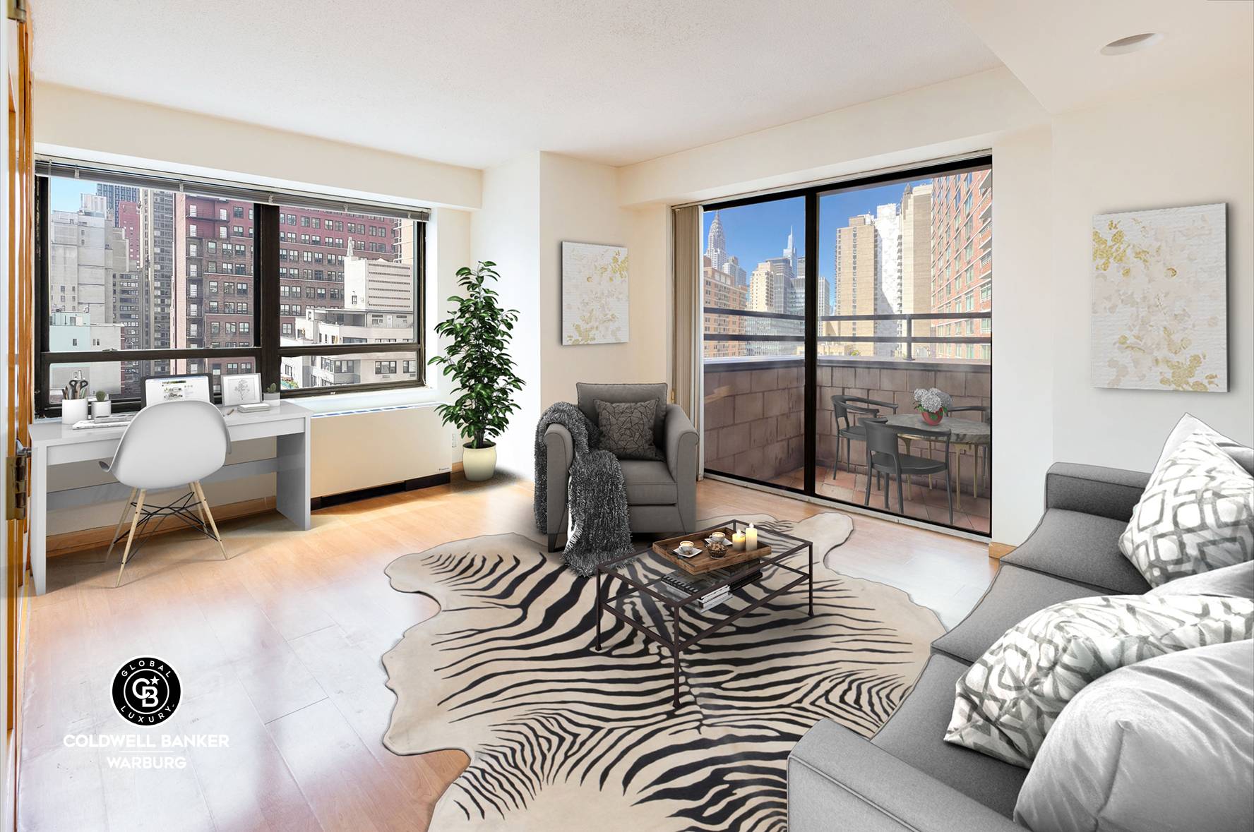 Southern and western exposures and Chrysler Building views from every room in this light filled, corner one bedroom, one bath residence with private balcony in Turtle Bay s luxurious Dag ...