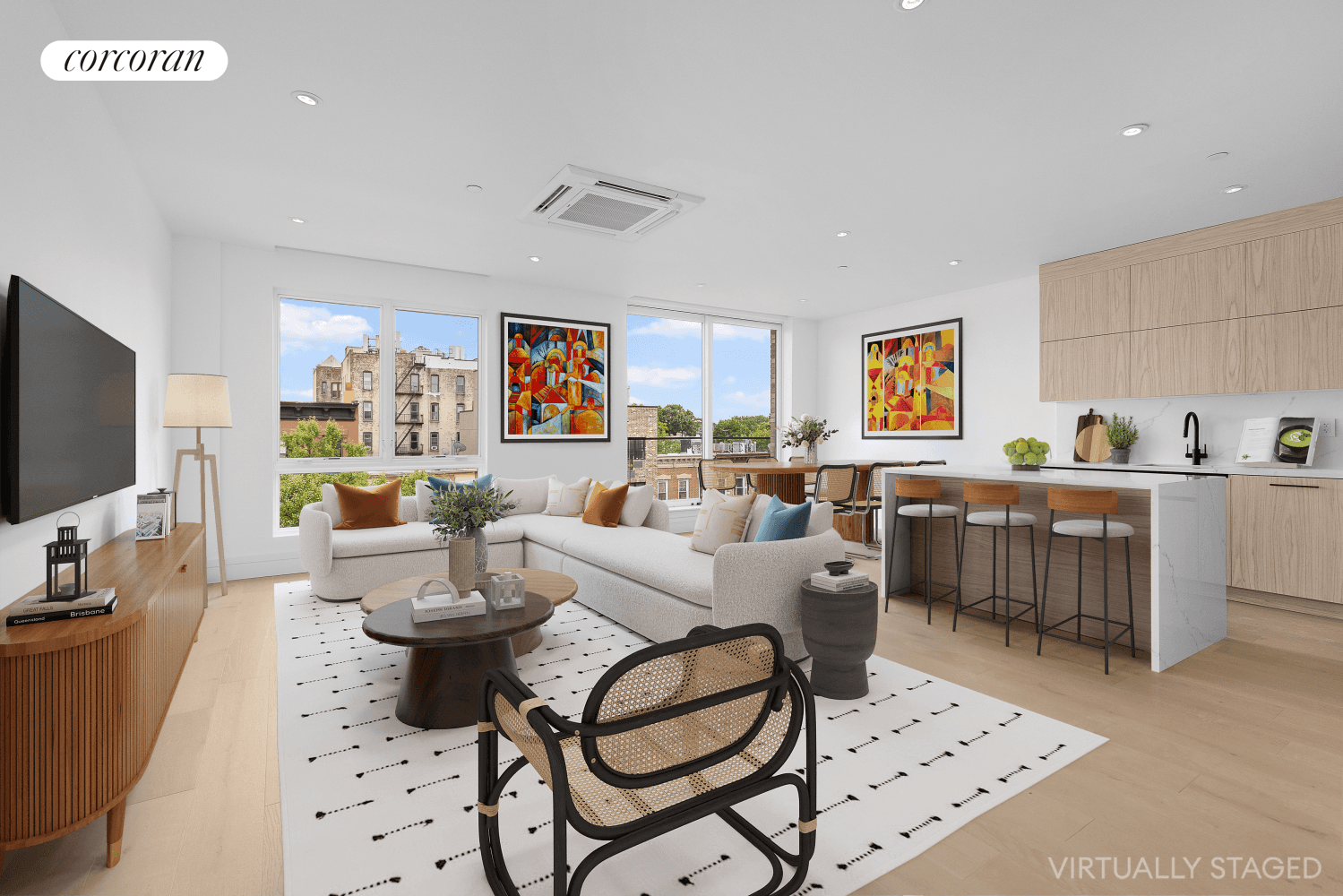 Apartment 4 at 499 Van Buren Street is a floor through two bedroom with two baths, two balconies, and an internal staircase leading to a large private roof terrace.