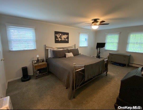 Bedroom featuring a ceiling fan, baseboard heating, and carpet floors