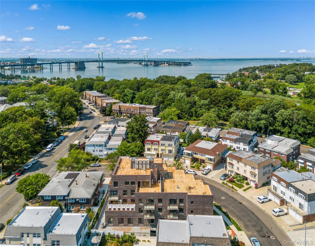 Bird's eye view of a notable bridge and a nearby body of water