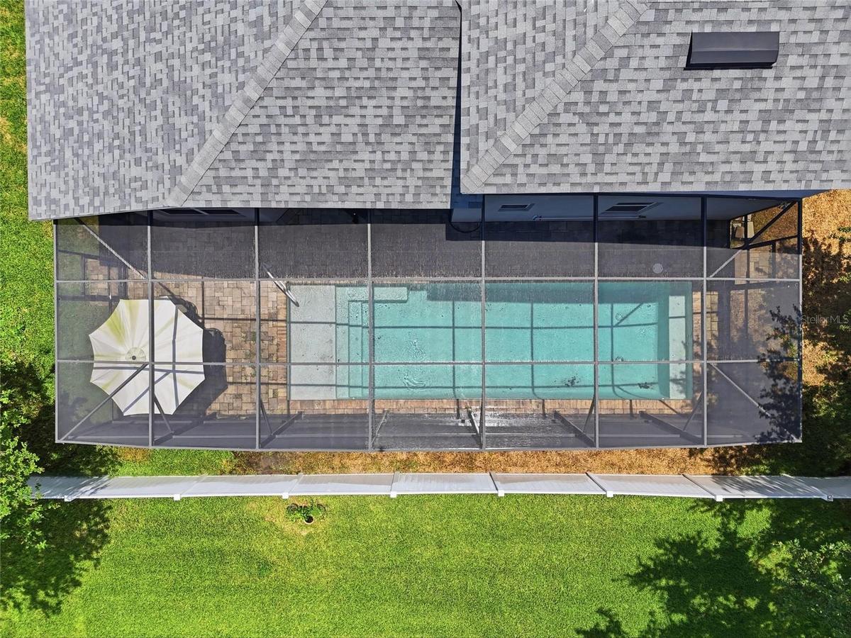 Overhead view of the screened-in salt water pool