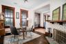 Dining area with wood burning fireplace.