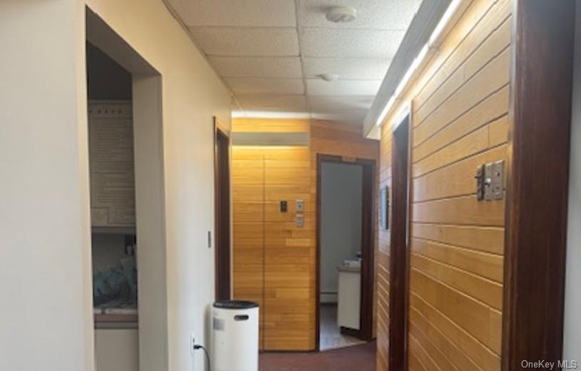 Hallway featuring horizontal wood details and contrast trim.