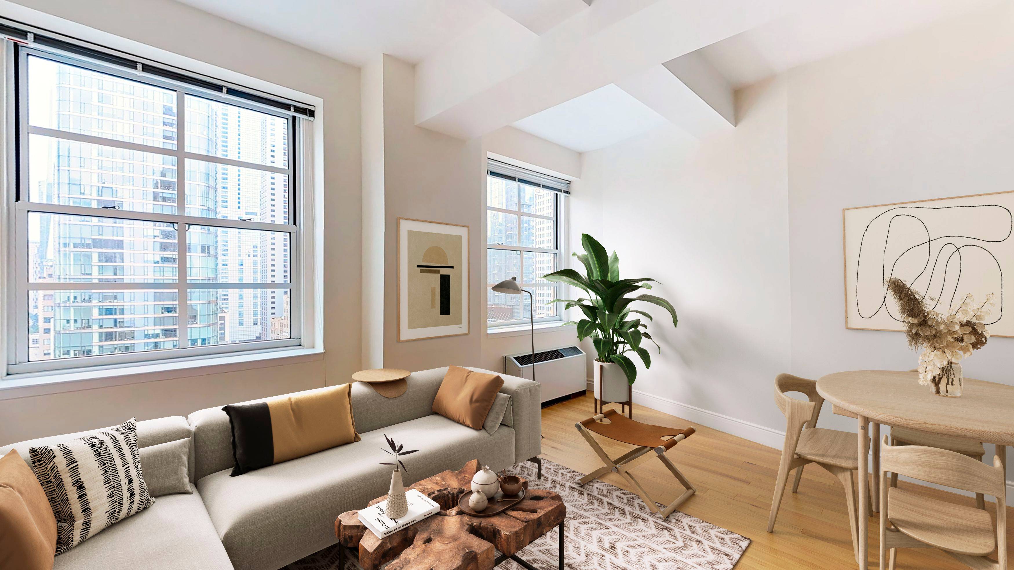 This extra large studio features a separate sleeping alcove, a pass through kitchen with stainless steel appliances, and two over sized windows with open city views.
