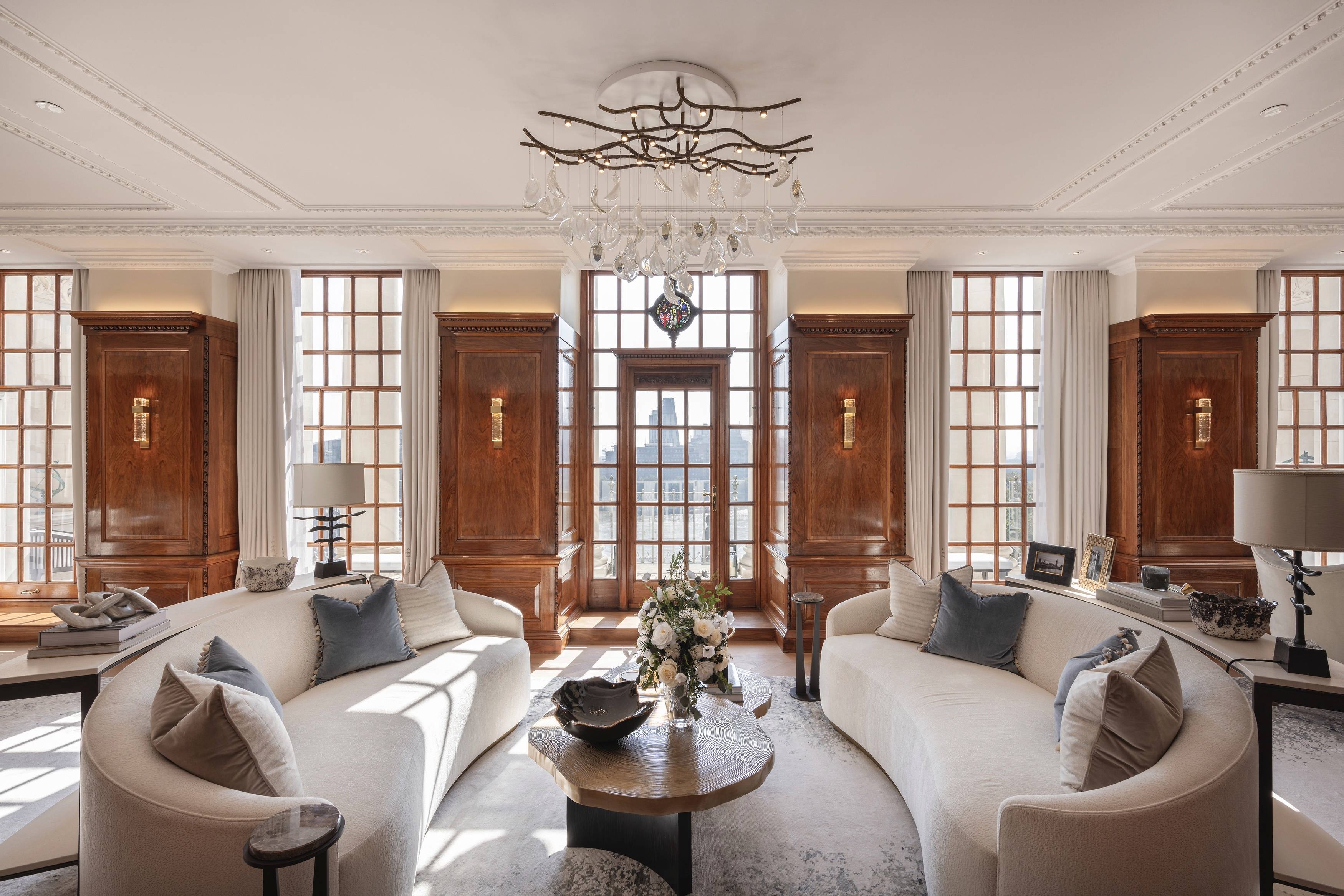This elaborately proportioned residence features a private 43ft colonnade terrace with direct river and city views, an original 1920s stained glass window and one of the most extraordinary principal bedroom suites in London.