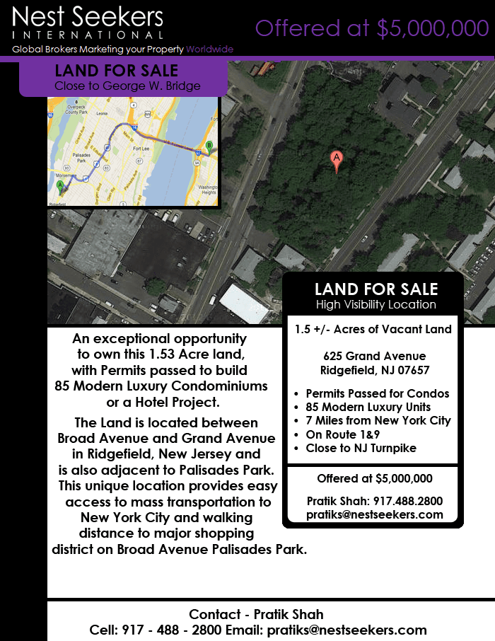 LAND FOR SALE in Ridgefield, NJ - 85 Modern Luxury Condominium Proposed Project, Located Just 7 Miles from Midtown Manhattan, Walking distance to Major Shopping District